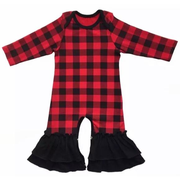 Baby Girl Red and Black Buffalo Plaid Ruffled Pant Romper - Picture 8 of 8